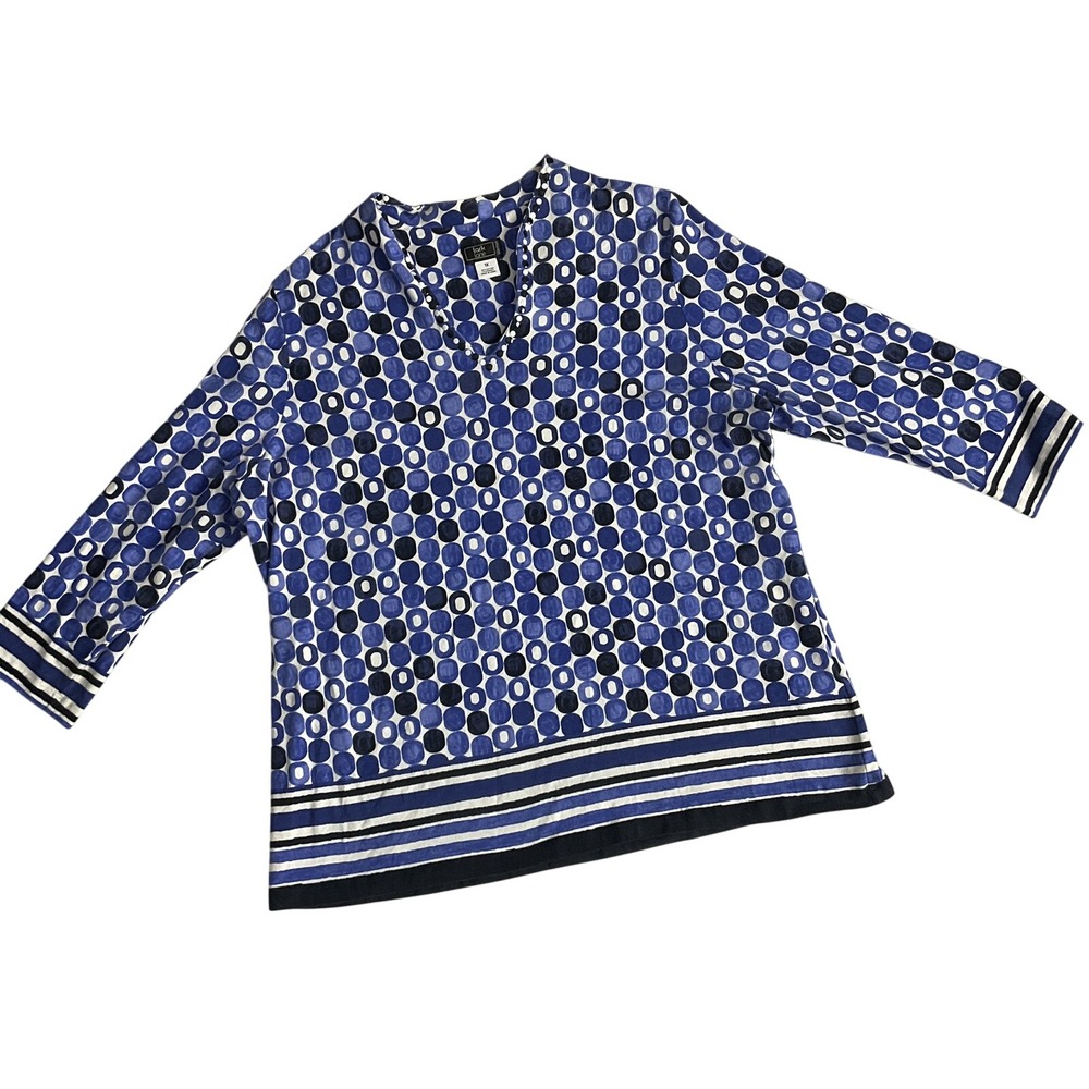 Lark‎ Lane Blue V Neck Artsy Geometric Print 3/4 Sleeve Blouse 1X